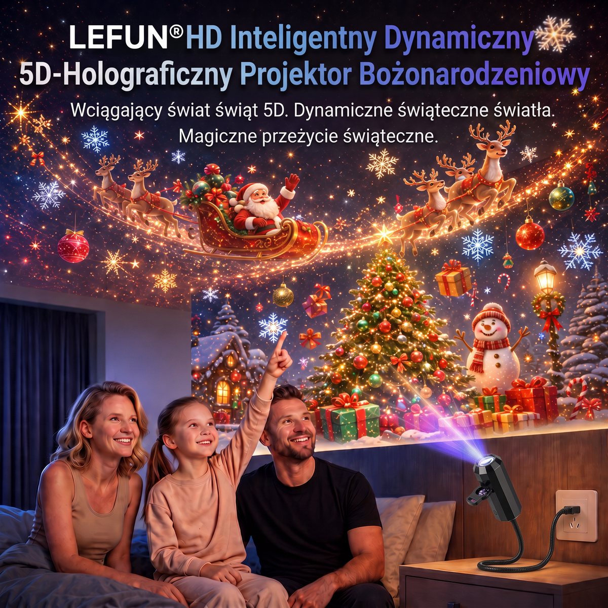 LEFUN® 🍈Inteligentny projektor świąteczny 5D nowej generacji ✨ – 🎅 Dynamiczne światło holograficzne tworzące magiczną atmosferę w domu 💎