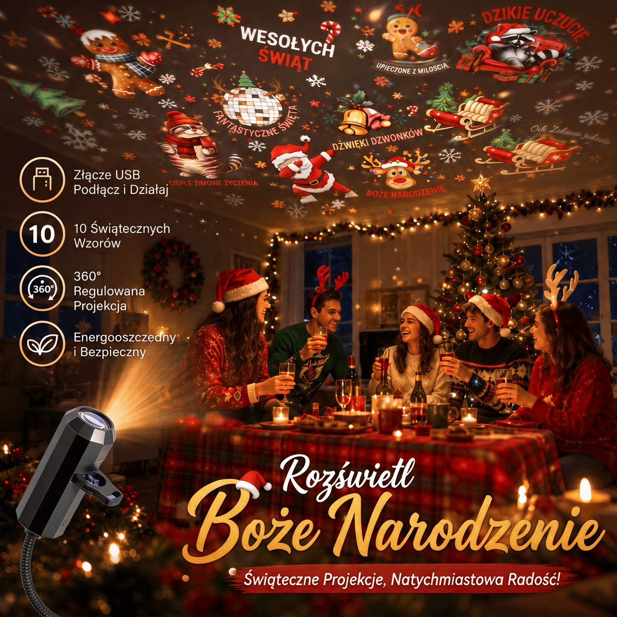 LEFUN® 🍈Inteligentny projektor świąteczny 5D nowej generacji ✨ – 🎅 Dynamiczne światło holograficzne tworzące magiczną atmosferę w domu 💎