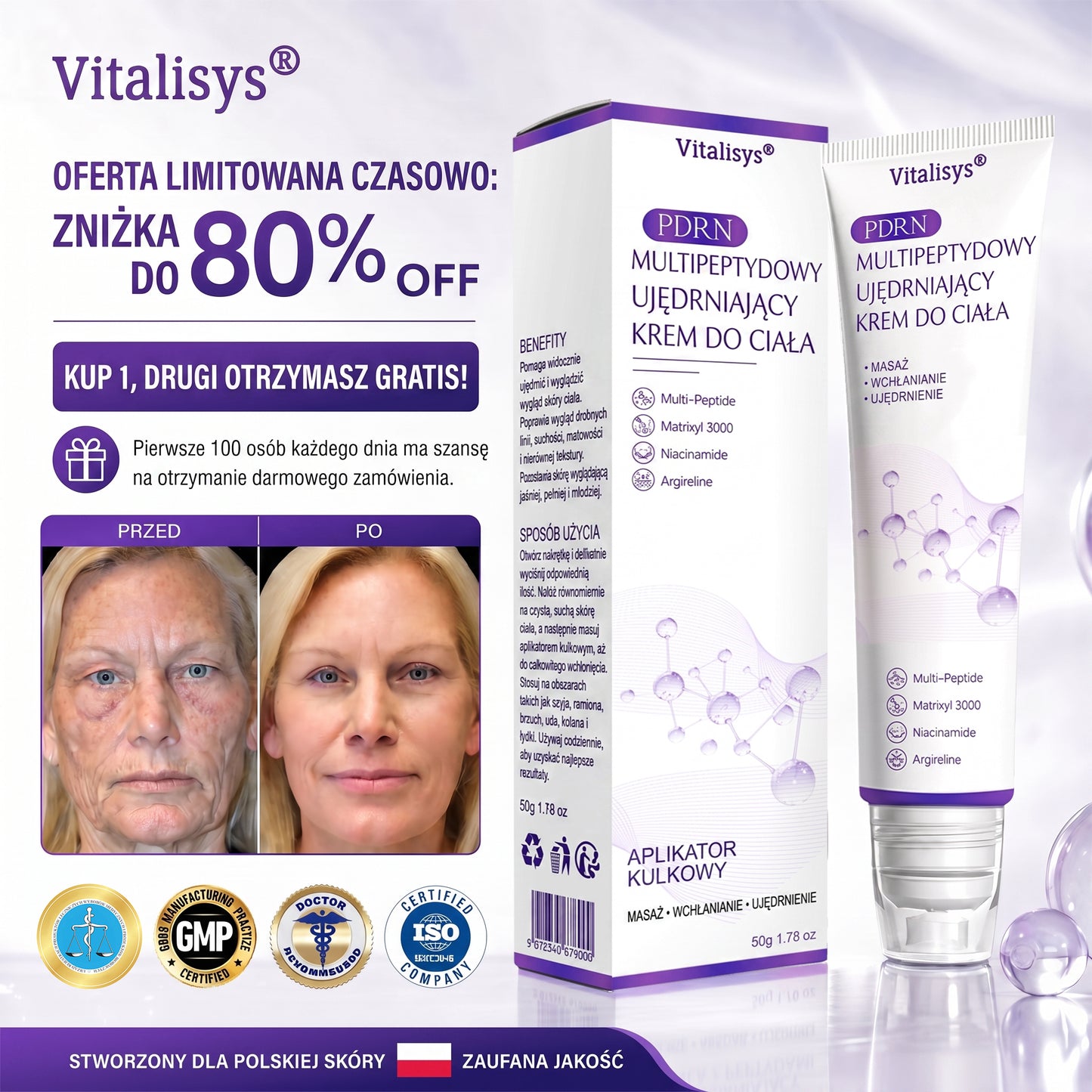 Polecany przez dermatologów🥇 |🍇 Vitalisys® PDRN Multi-Peptide Masujący Krem do Ciała – przeciwstarzeniowy, nawilżający, ujędrniający, regenerujący, wyrównujący koloryt, redukuje trądzik, przebarwienia, brodawki, znamiona i łuszczycę.❤️