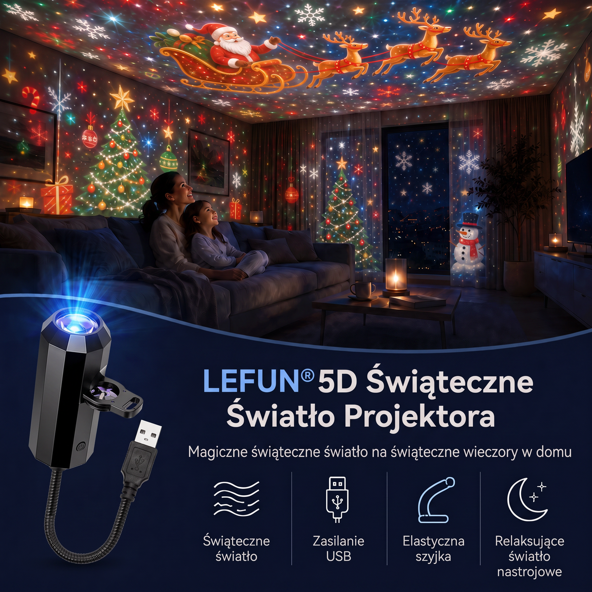LEFUN® 🍈Inteligentny projektor świąteczny 5D nowej generacji ✨ – 🎅 Dynamiczne światło holograficzne tworzące magiczną atmosferę w domu 💎